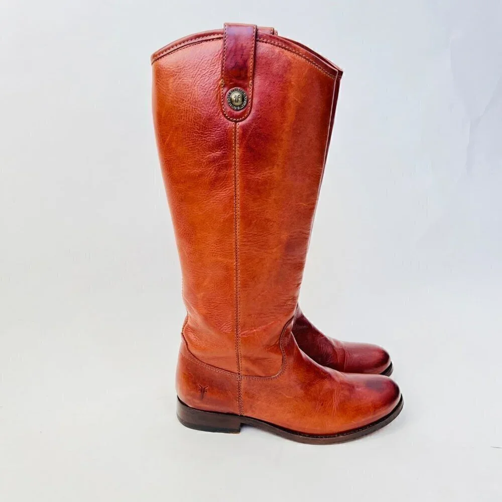 Frye Mellisa Buttons Lug Tall riding boots in brown, Size 6.5